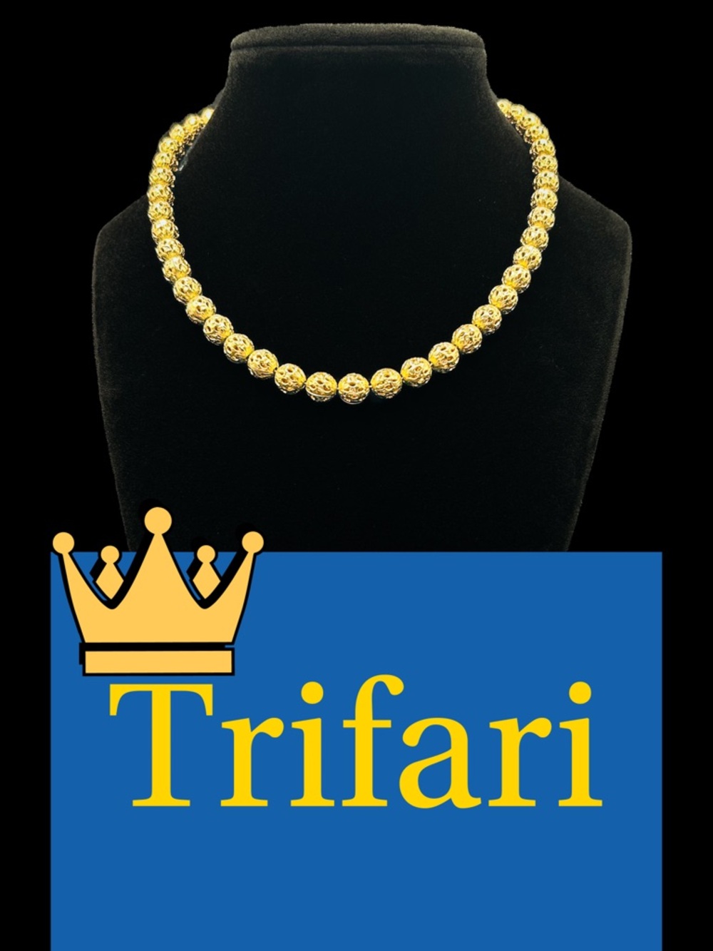 Trifari Shiny Gold Filigree Bead Necklace